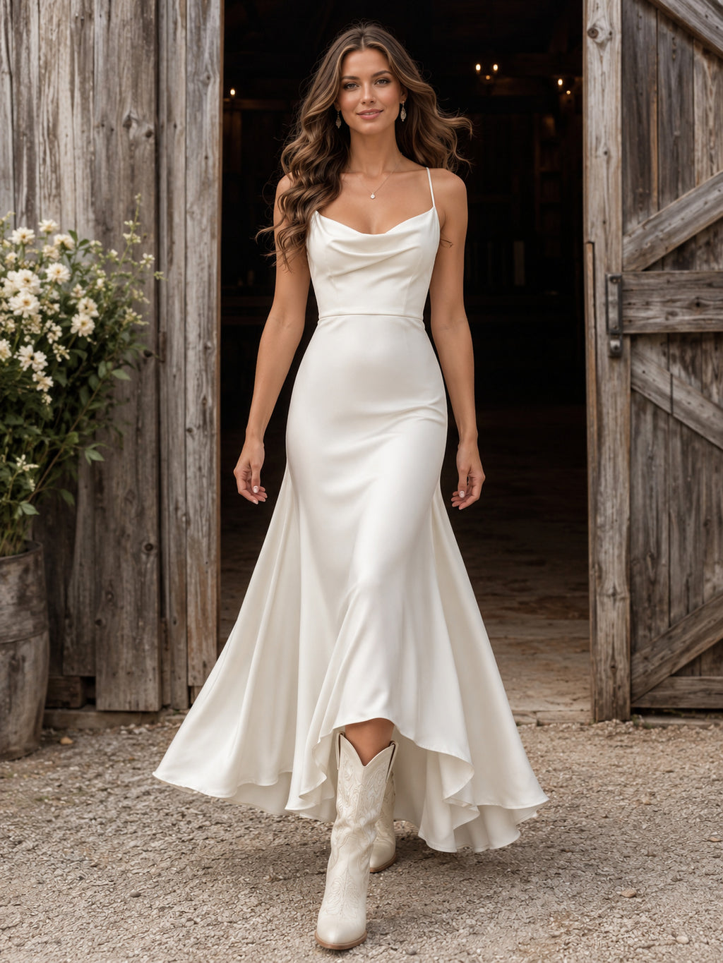 Minimalist Satin Sheath Cowl Neck High-Low Country Wedding Dress Simple front view