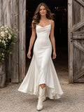 Minimalist Satin Sheath Cowl Neck High-Low Country Wedding Dress Simple front view