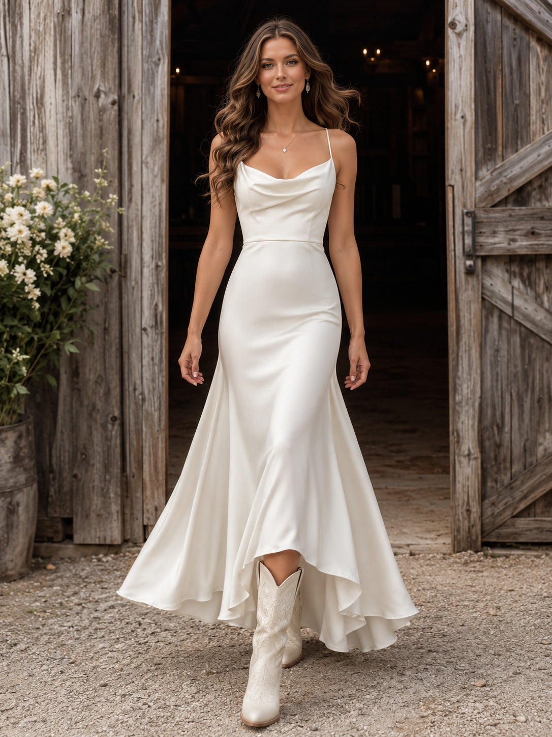 Minimalist Satin Sheath Cowl Neck High-Low Country Wedding Dress Simple front view