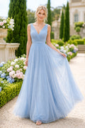 Sky Blue V-Neck Tulle Ball Gown Prom Dress with Wide Straps and Full Soft Skirt front view