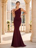 Burgundy One Shoulder Jersey Mermaid Floor Length Formal Dress front view