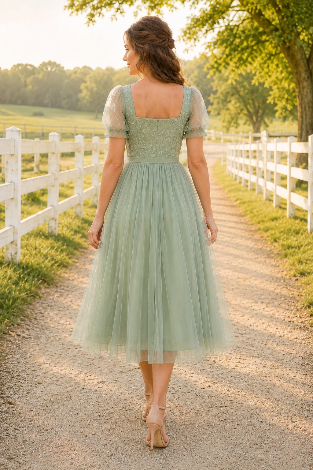 Sage Square Neck Puff Sleeve Bodice with Tulle Skirt Tea Length A-Line Homecoming Dress back view