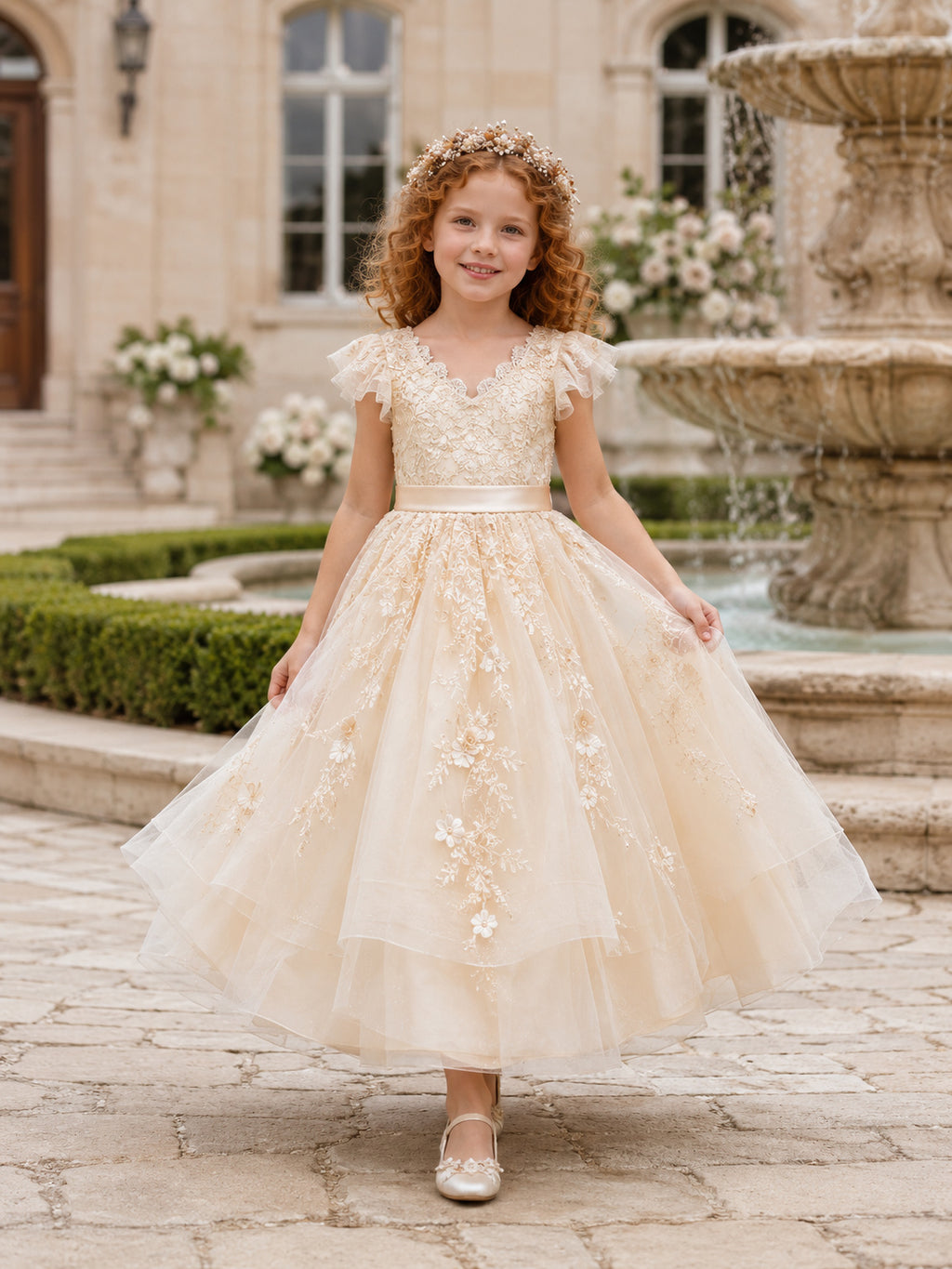 Luxury Romantic Flower Girl Dress Jewel Neck Cap Sleeve Champagne Tulle Floral Applique Floor Length front view