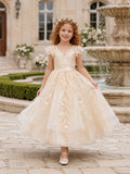 Luxury Romantic Flower Girl Dress Jewel Neck Cap Sleeve Champagne Tulle Floral Applique Floor Length front view