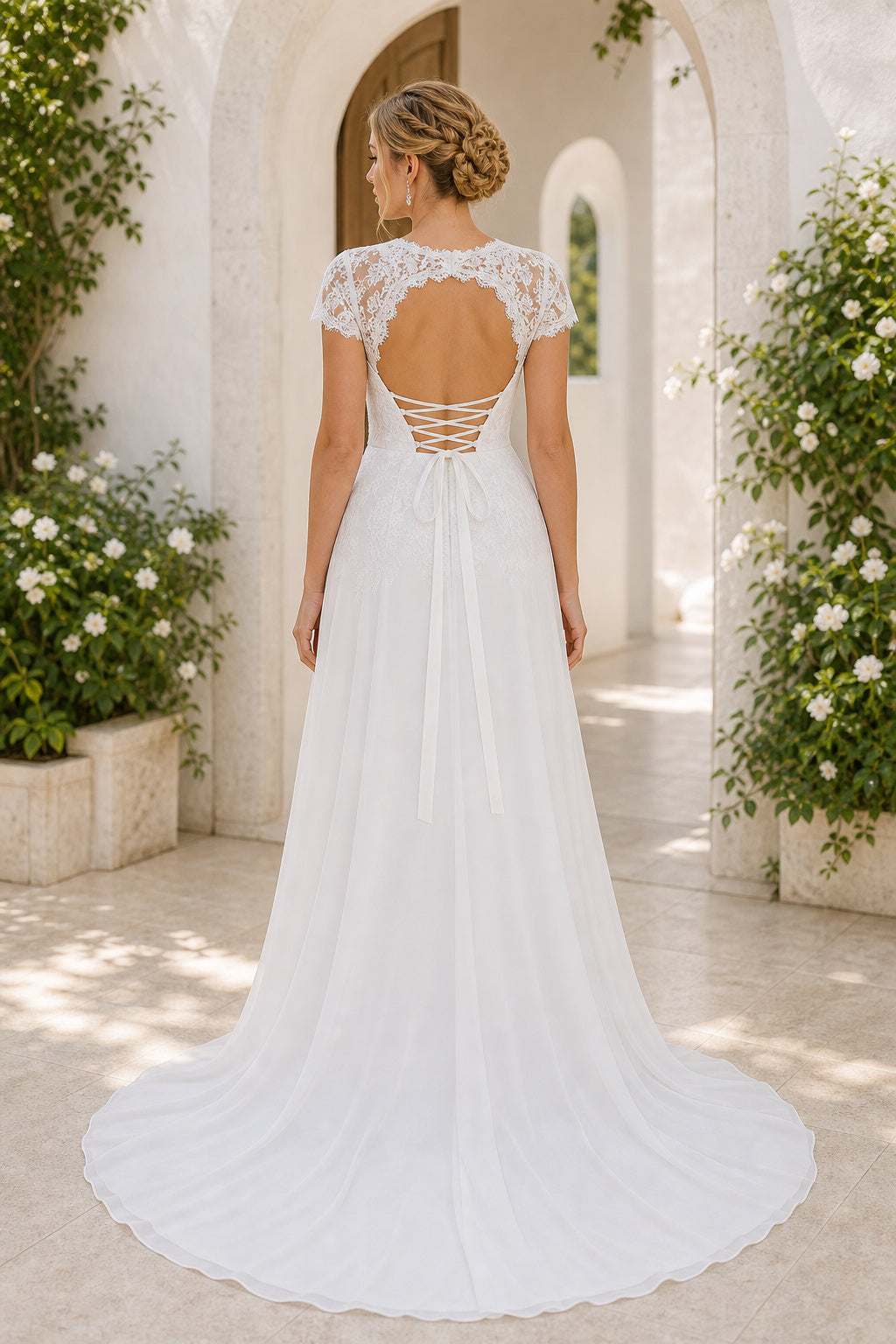 White Halter Sheath Chiffon Floor-length Wedding Dress With Pleated Skirt and Layered Skirt and Open Back