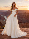 Romantic Off-Shoulder Flowing Chiffon A-Line Canyon Elopement Dress front view