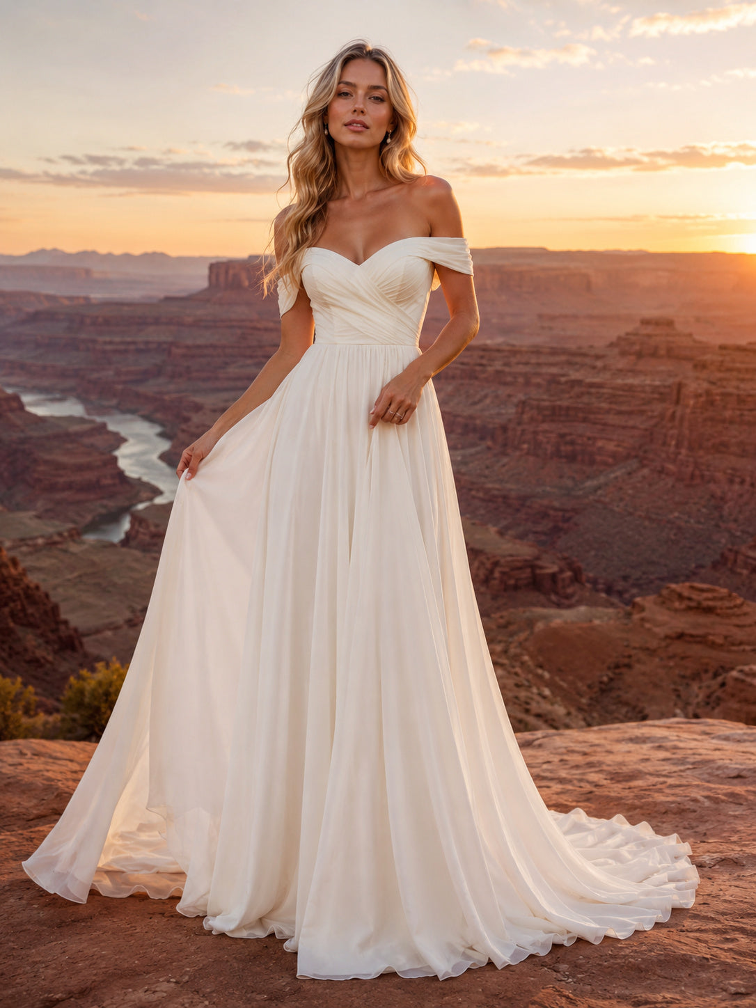Romantic Off-Shoulder Flowing Chiffon A-Line Canyon Elopement Dress front view
