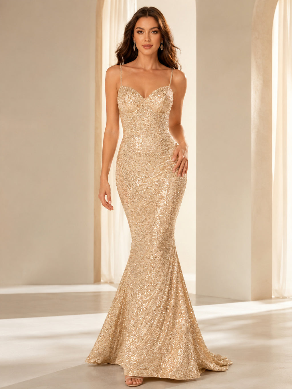 Champagne Spaghetti Beaded Mermaid Low Back Evening Gown front view