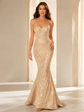 Champagne Spaghetti Beaded Mermaid Low Back Evening Gown front view