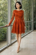 Rust Long Sleeve A-Line Lace Knee-Length Dress With Jewel Neck