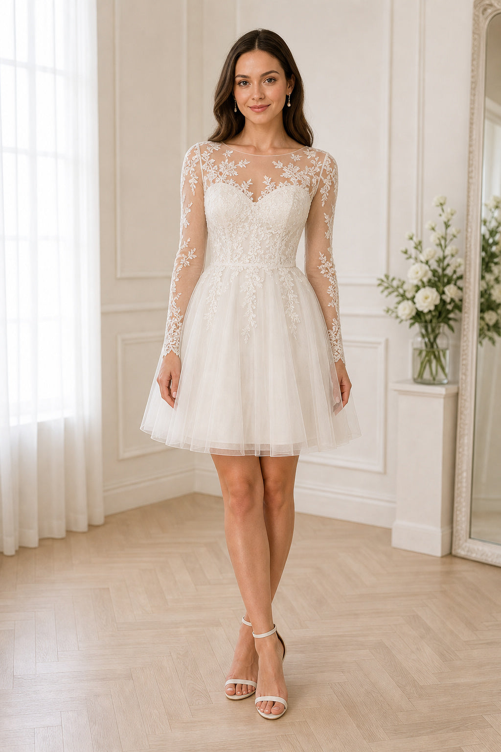 White Illusion Long Sleeves Mermaid Lace, Tulle Short Dress With Lace