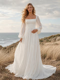 Maternity Bishop Sleeve Coastal Field Elopement A Line Gown front view