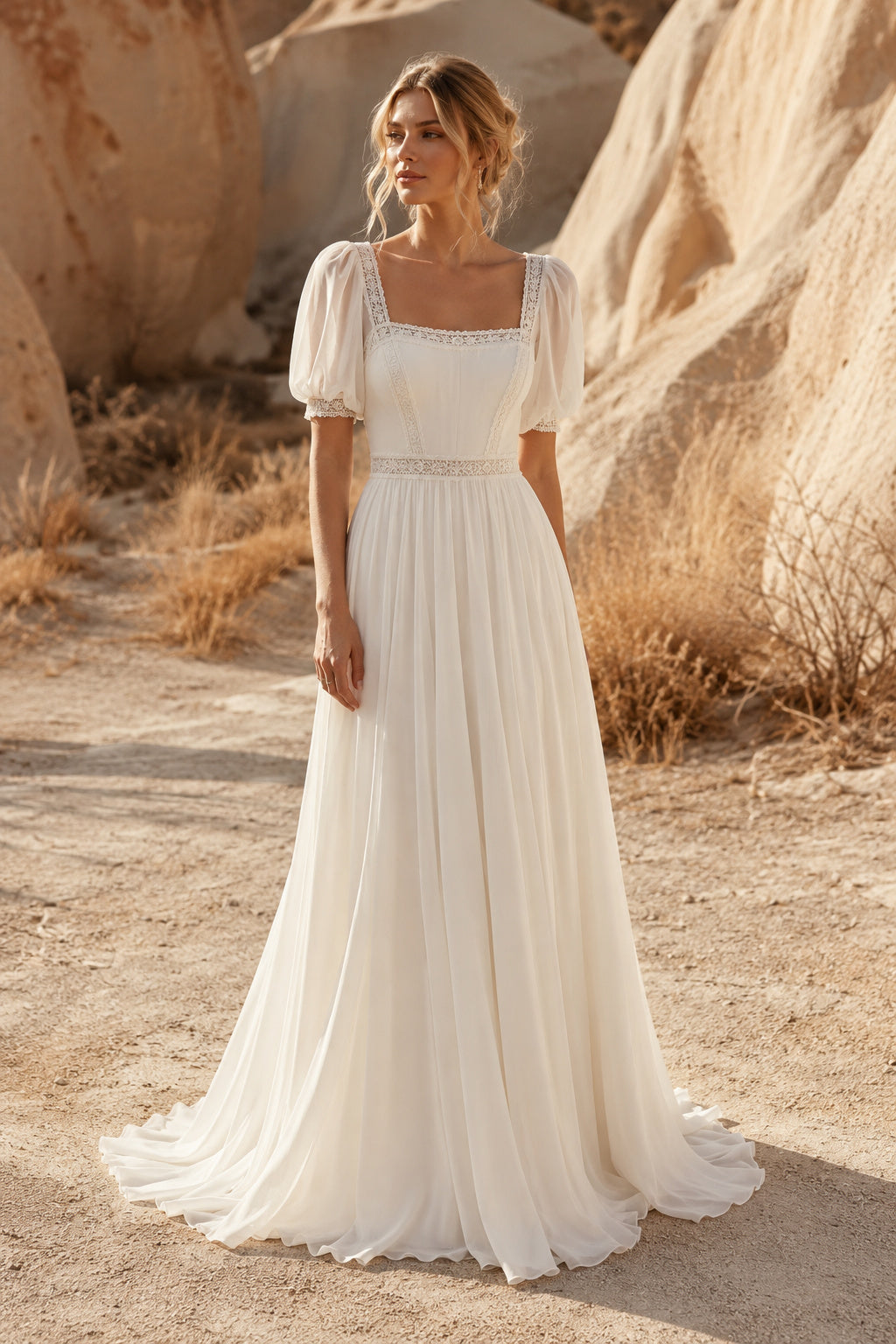Ivory Square Neck Puff Sleeve Chiffon A-Line Wedding Dress with Simple Train front view