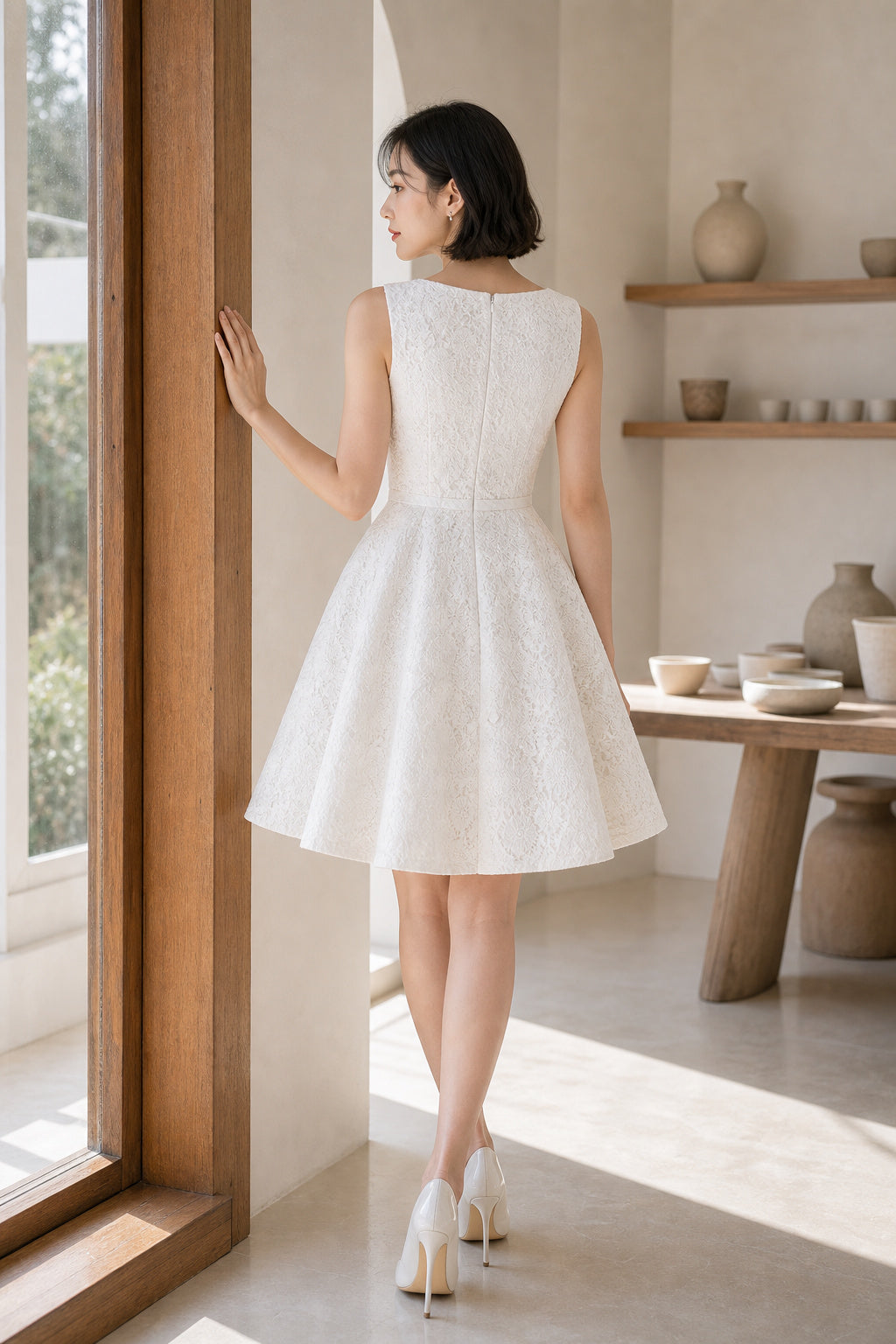 White Bateau Sleeveless A-Line Satin Tea-Length Dress With Bow Waist