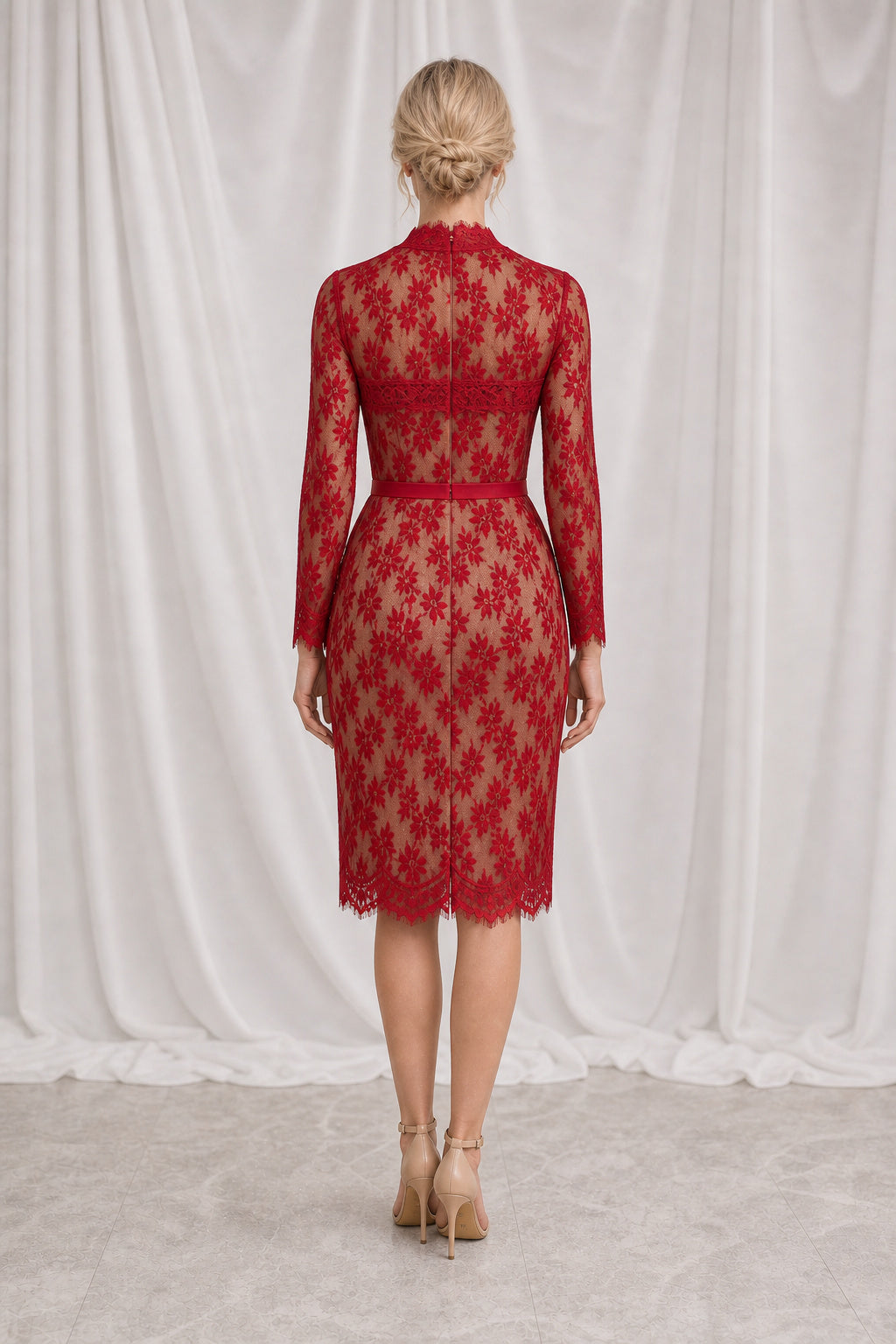 Red High-Neck Long Sleeve Sheath Lace Knee-Length Dress
