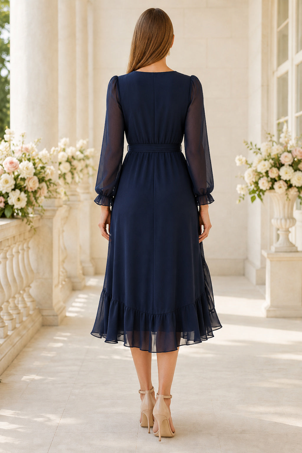 Lavender Ruffle Wedding Guest Sheath Dress back view