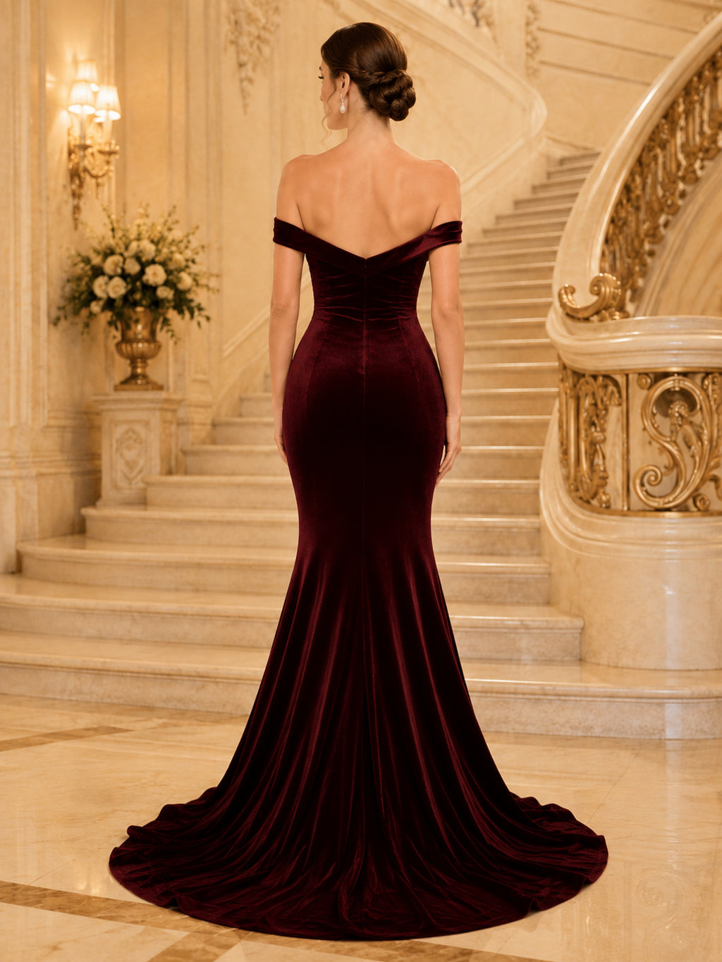 Burgundy Velvet Off Shoulder Gala Mermaid Gown back view