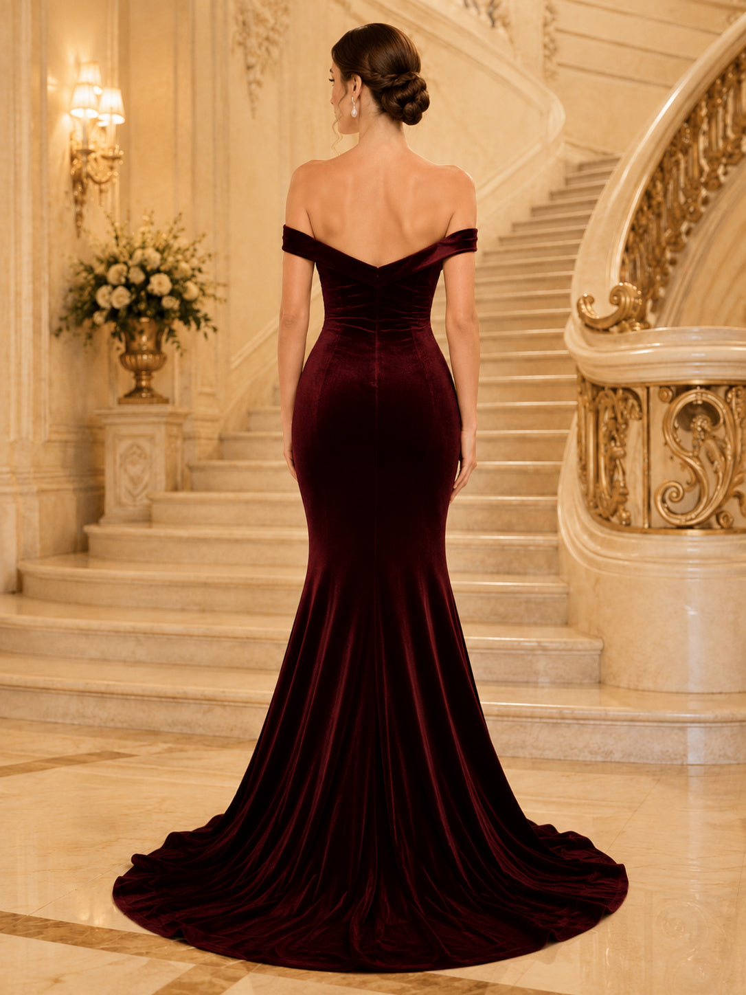 Burgundy Velvet Off Shoulder Gala Mermaid Gown back view