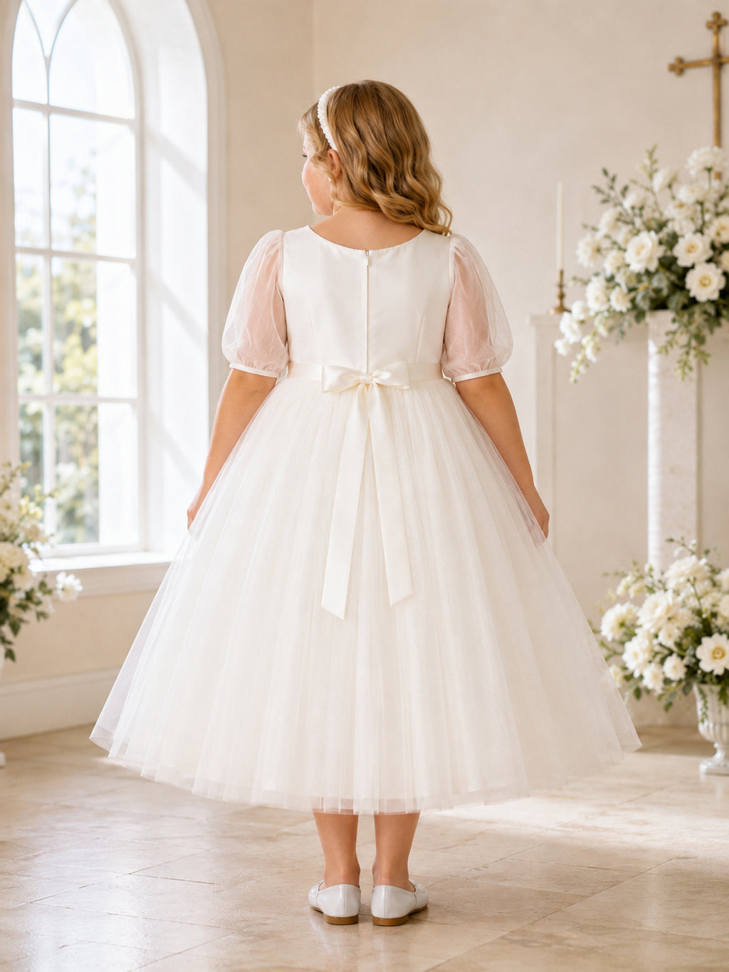 Square Neck Three Quarter Puff Sleeve Tulle Plus Size Communion Dress back view
