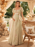 Sage Maternity Square Neck Puff Sleeve Teddy Applique Tulle A-Line Floor Length Gown front view