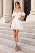 White Off-the-Shoulder Satin Mini Wedding Dress with Puff Sleeves and Lace Hem for Court Reception front view