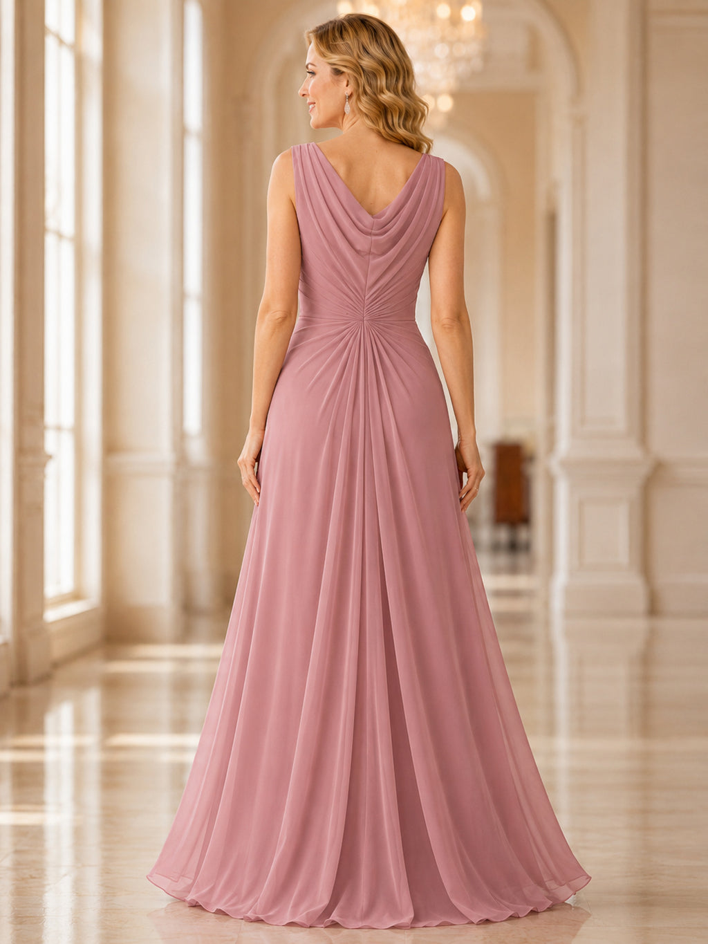 Dusty Rose Cowl Neck Draped Chiffon Formal Dress back view