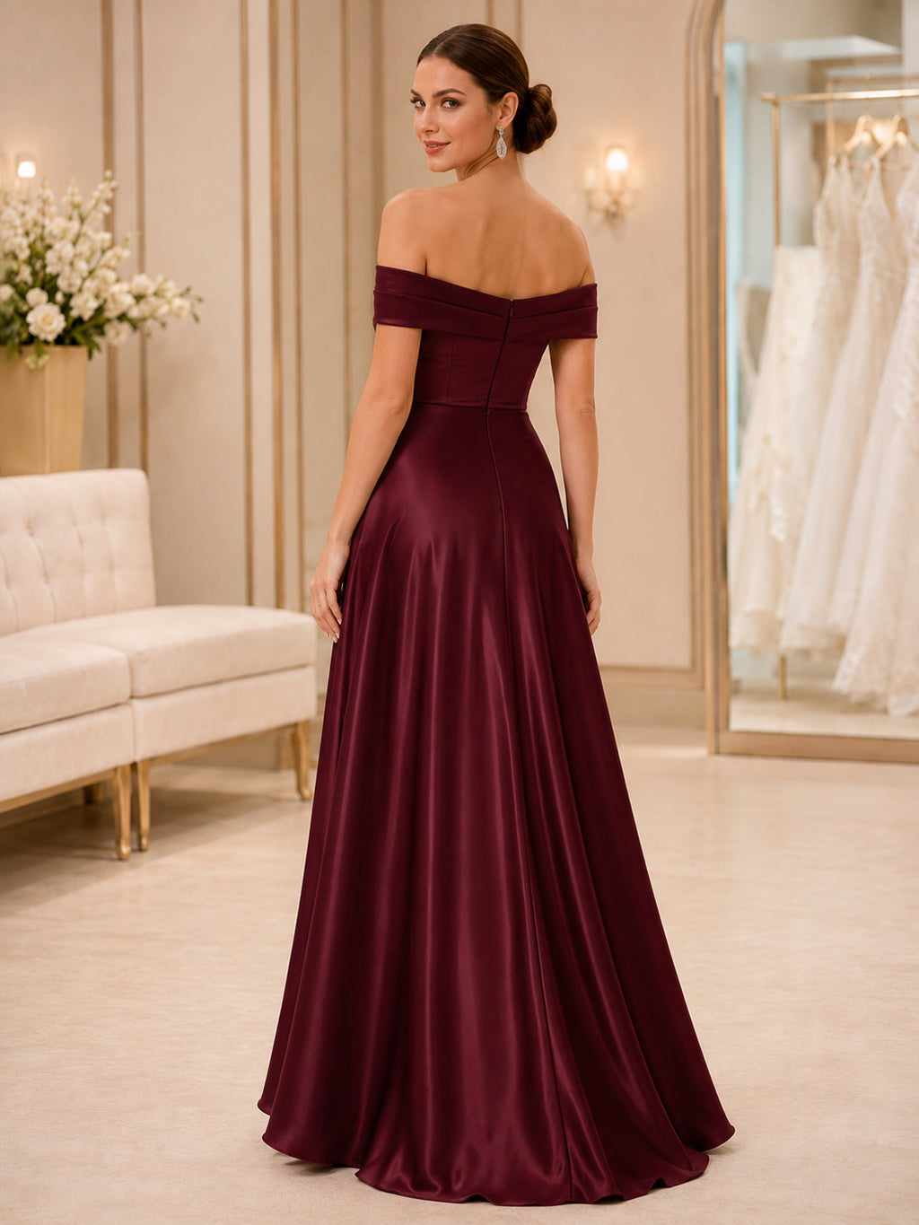 Elegant Indoor Formal Burgundy Romantic A-Line Satin Bridesmaid Dress with Off Shoulder Sweetheart Sleeveless Floor-Length Ru