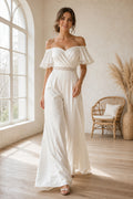 Ivory Off-the-Shoulder Sweetheart Flutter Sleeve Satin Floor-Length Bridal Jumpsuit with Flutter Sleeves and Simple Wide Leg