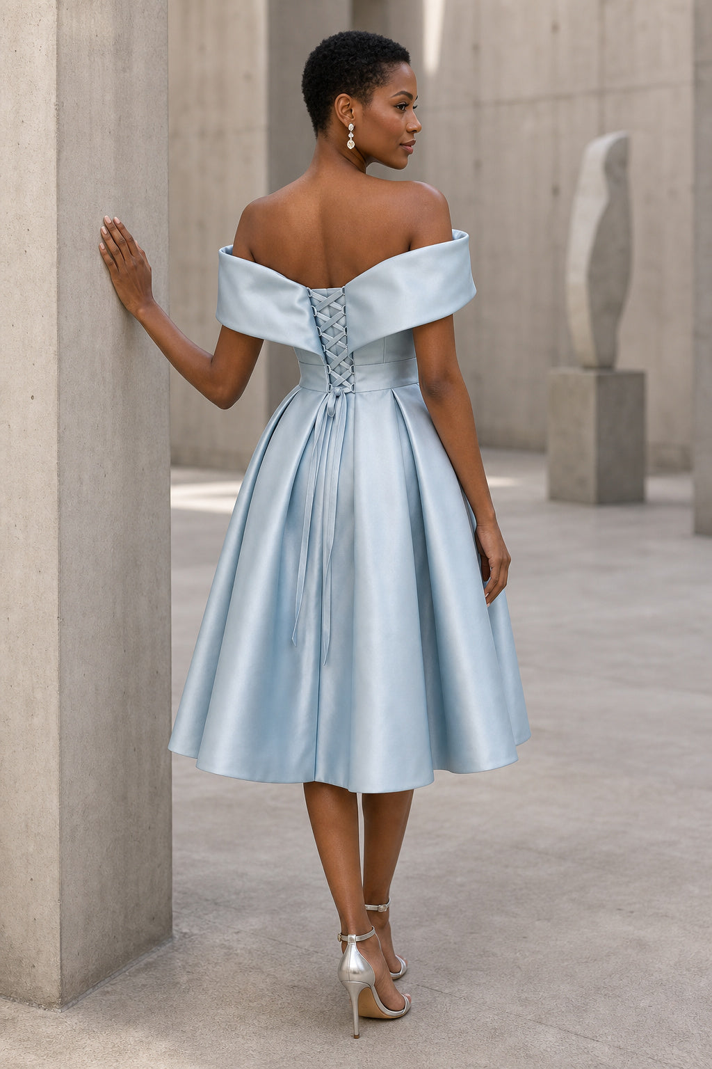 Light Blue Off-the-Shoulder A-Line Satin Tea-Length Dress With Bow Back