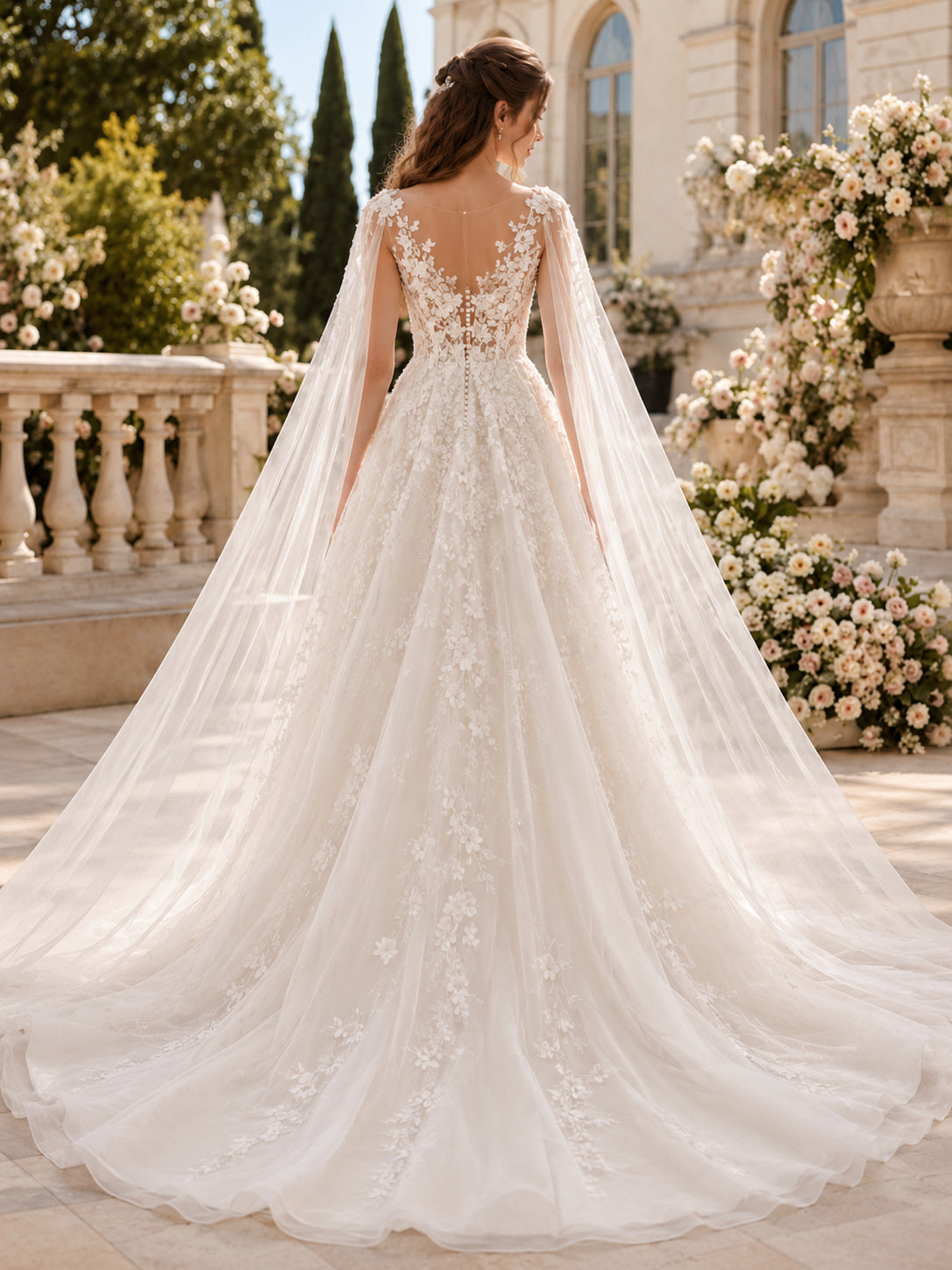 Satin Wedding Dress A-Line Off Shoulder Short Sleeve Chapel Train Bridal Gown back view