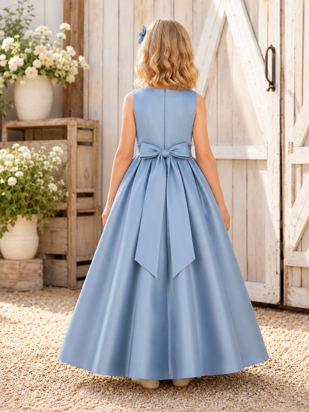 Steel Blue Satin Sleeveless Ankle-Length A-Line Flower Girl Rustic Country Wedding Dress With Bow back view
