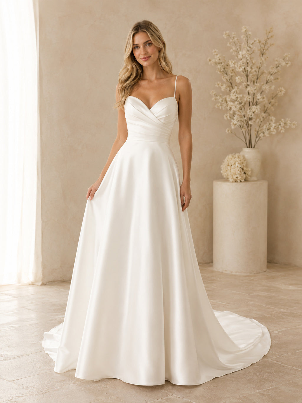 Affordable Sweetheart Satin Wedding A Line Spaghetti Strap Court Train front view