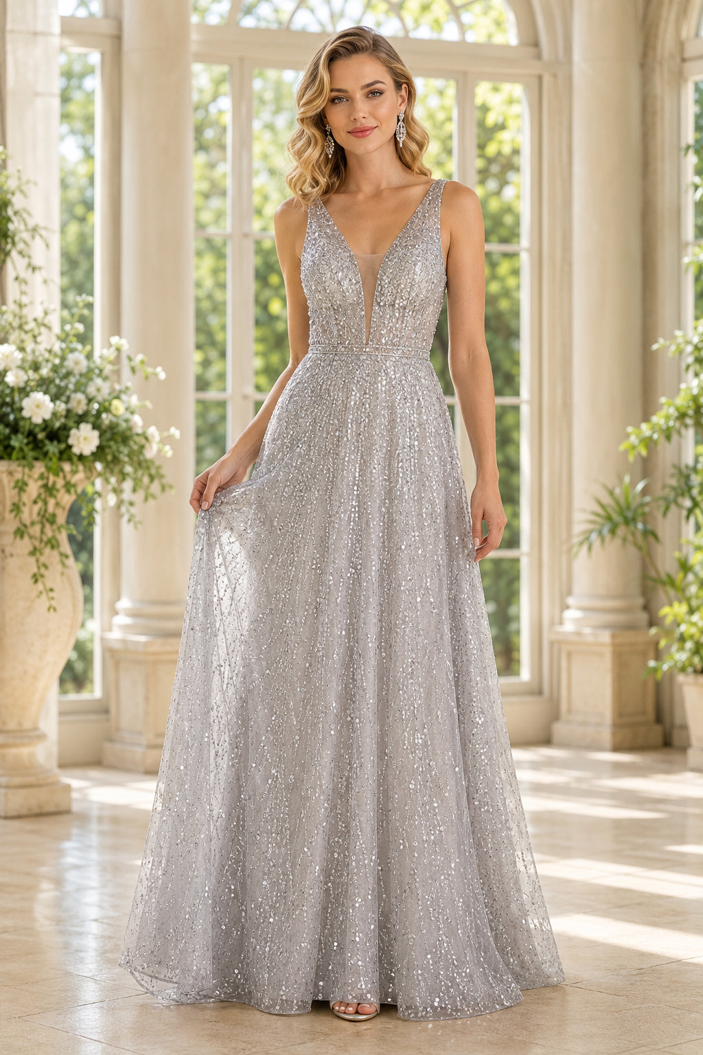 Silver Plunging V-Neck Sequin A-Line Formal Dress with Low Back front view