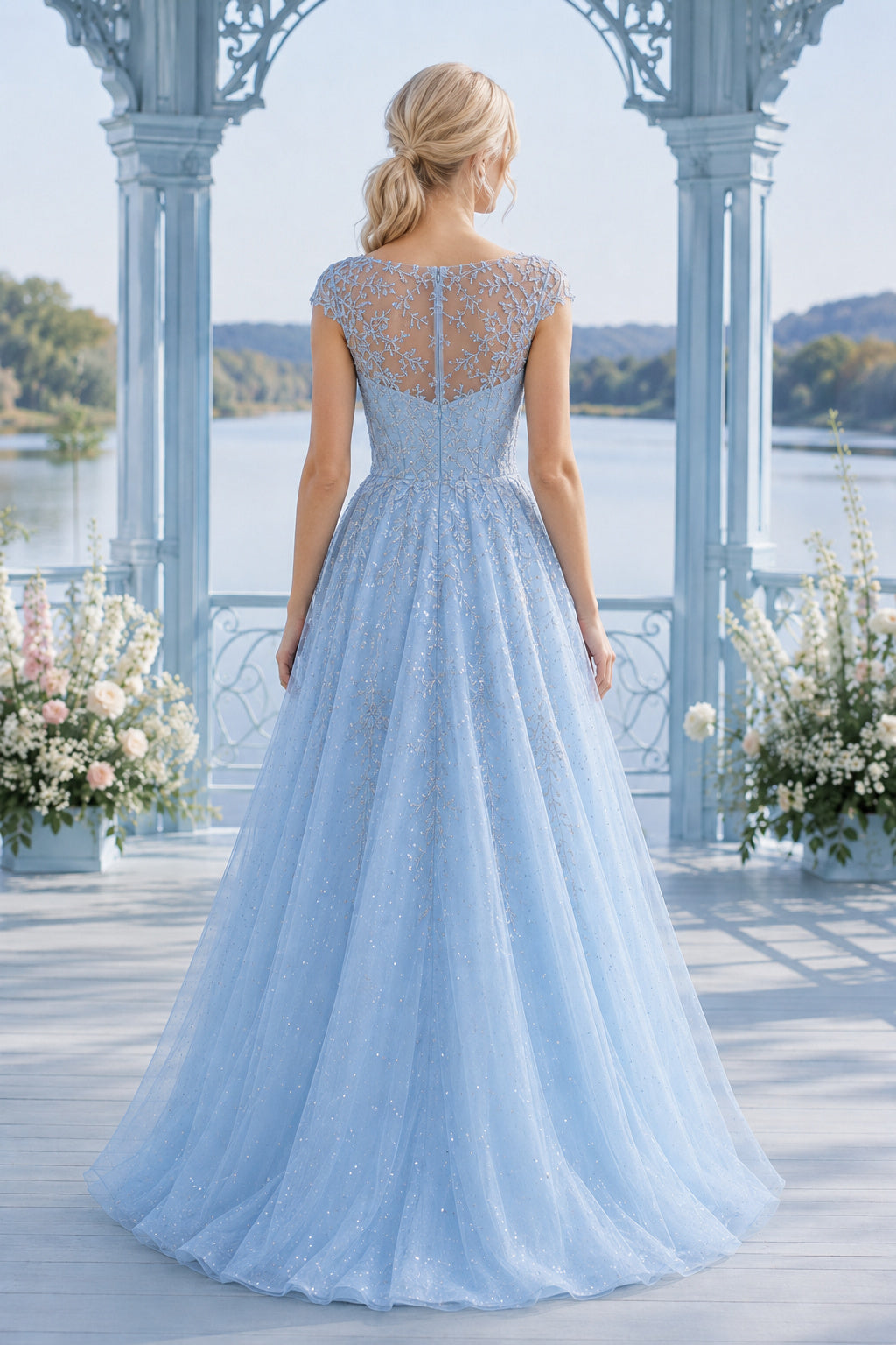 Sky Blue Illusion Lace Bodice with Soft Tulle Skirt and Sweep Train Floor Length And Sweep/Brush Train A-Line Prom Dress back
