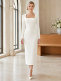 Minimal Square Neck Long Sleeve Satin Sheath Tea Length Standesamt Wedding Dress front view