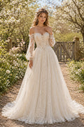 Ivory Off-the-Shoulder Bishop Sleeve Corset A-Line Wedding Dress with Chapel Train front view