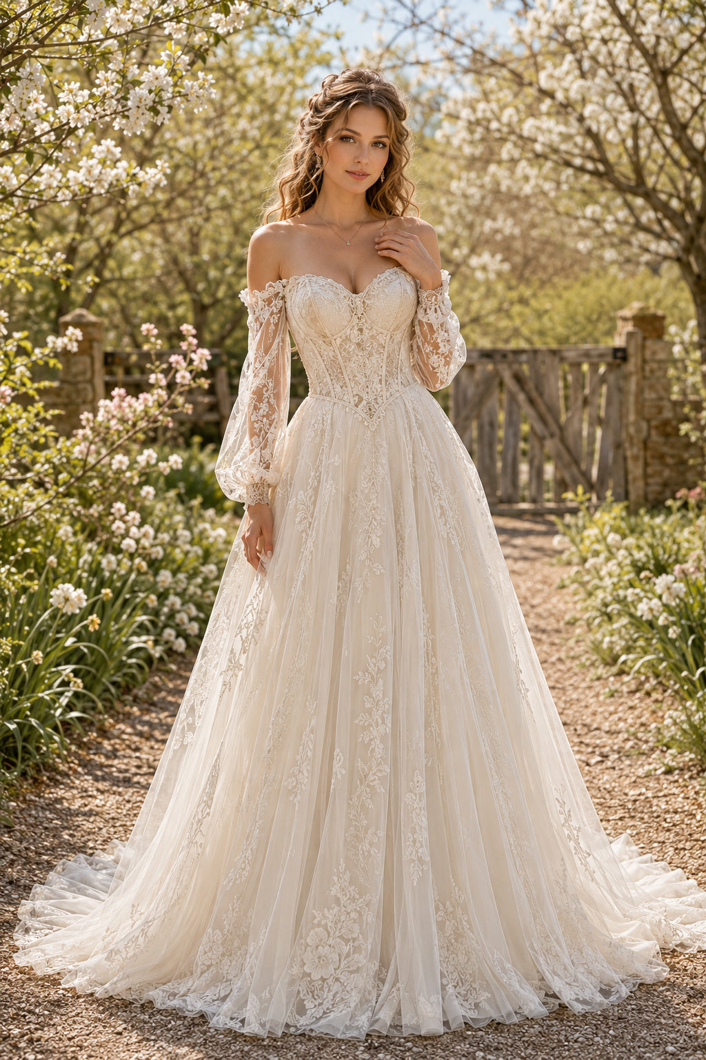 Ivory Off-the-Shoulder Bishop Sleeve Corset A-Line Wedding Dress with Chapel Train front view