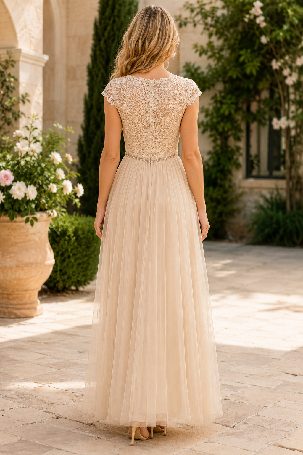 Ivory V Neck Lace Cap Sleeve Bodice with Soft Tulle Skirt Floor Length A-Line Wedding Dress back view