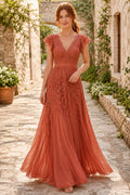 Orange V-Neck Lace A-Line Formal Dress with Cap Sleeves and Embroidered Tulle Skirt front view