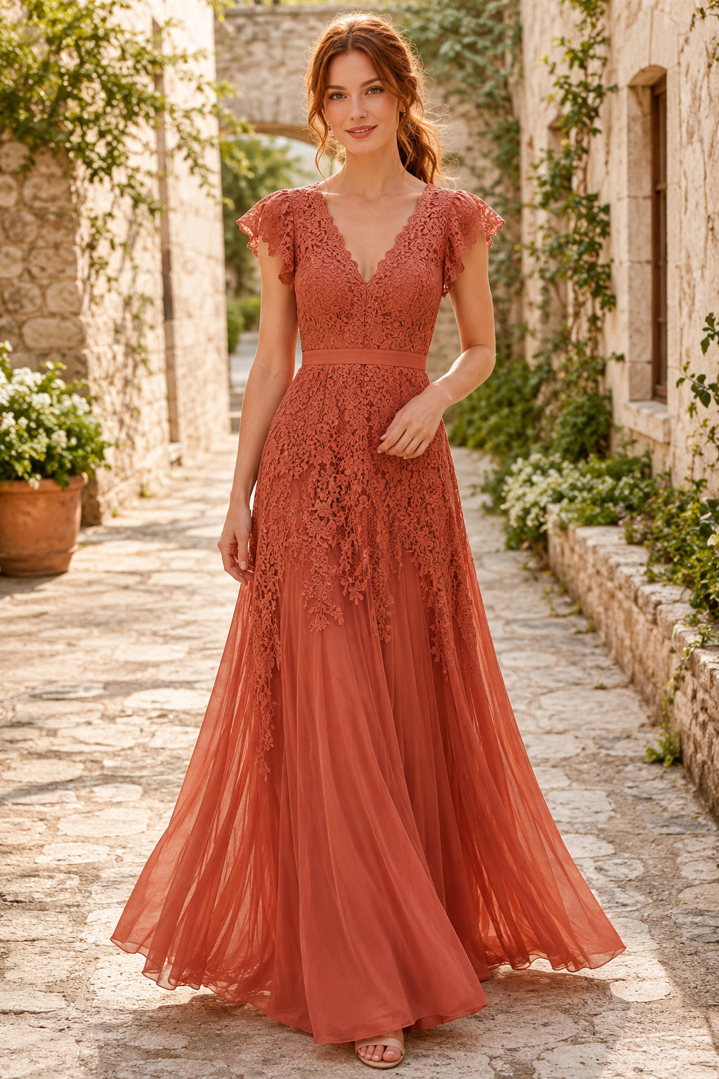 Orange V-Neck Lace A-Line Formal Dress with Cap Sleeves and Embroidered Tulle Skirt front view