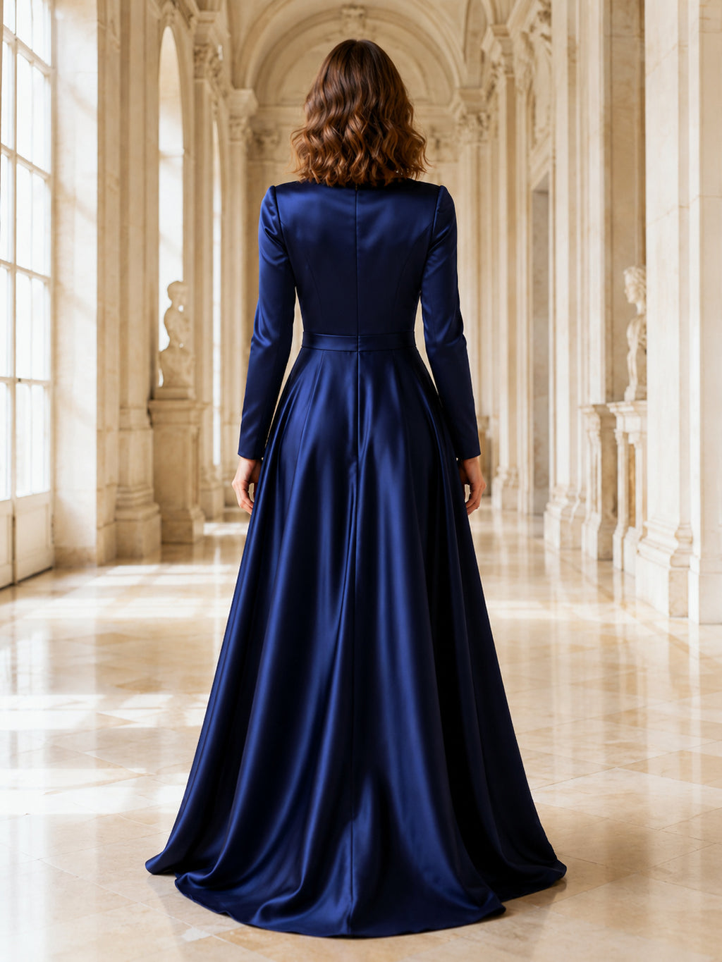 Midnight Blue Long Sleeve Satin A Line Formal Gown back view