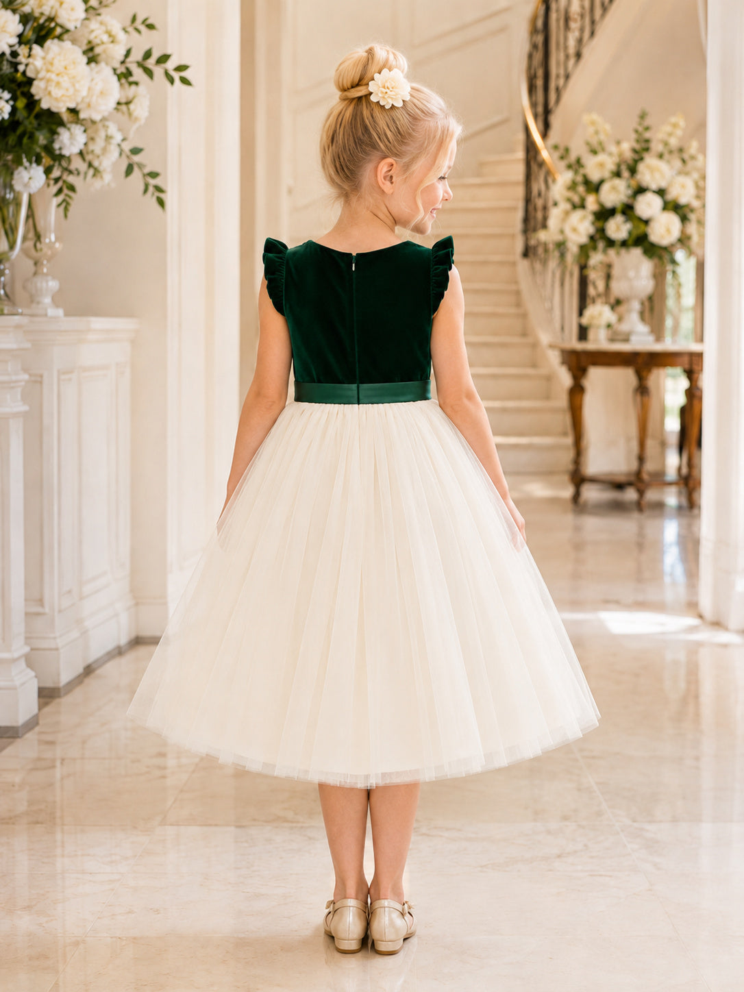 Dark Green Velvet Jewel Neck Petal Sleeve Tulle Tea-Length A-Line Formal Flower Girl Dress back view