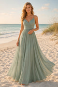 Sage Spaghetti Chiffon A-Line Beach Bridesmaid Dress with V-Neck and Flowing Skirt front view