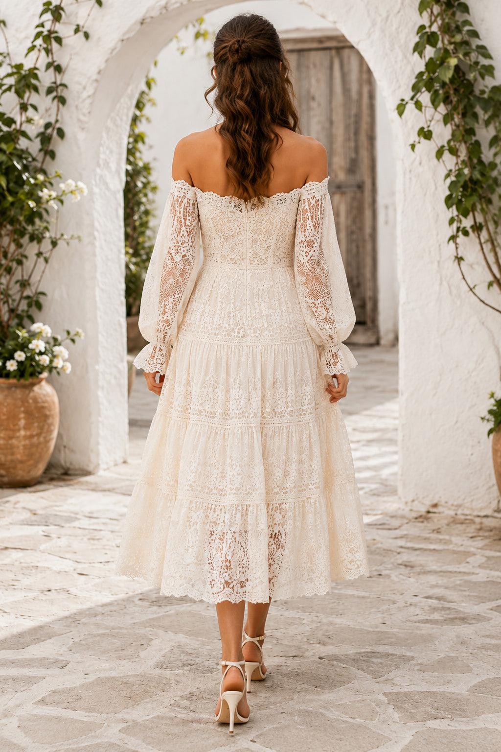 Off-the-Shoulder Tea-Length Lace Wedding Dress with Poet Sleeves back view