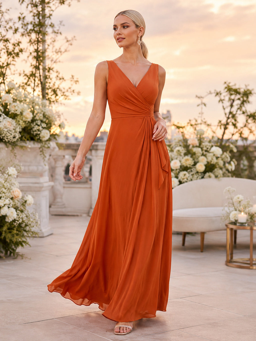 Burnt Orange Sleeveless V Neck Chiffon Floor Guest Dress front view