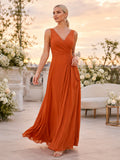 Burnt Orange Sleeveless V Neck Chiffon Floor Guest Dress front view