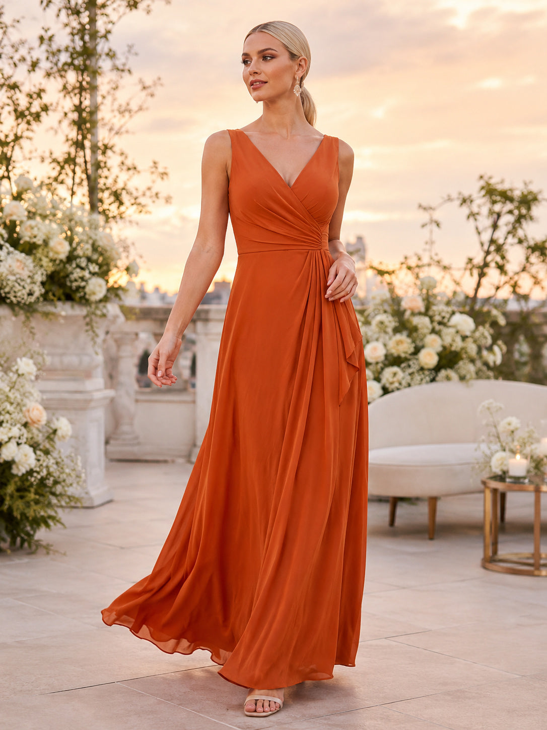 Burnt Orange Sleeveless V Neck Chiffon Floor Guest Dress front view