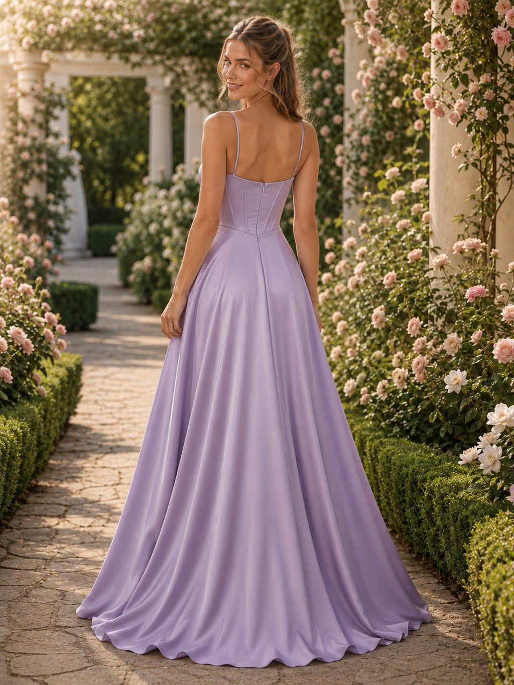 Lavender Sweetheart Spaghetti Strap Satin A-Line Slit Graduation Prom Dress back view