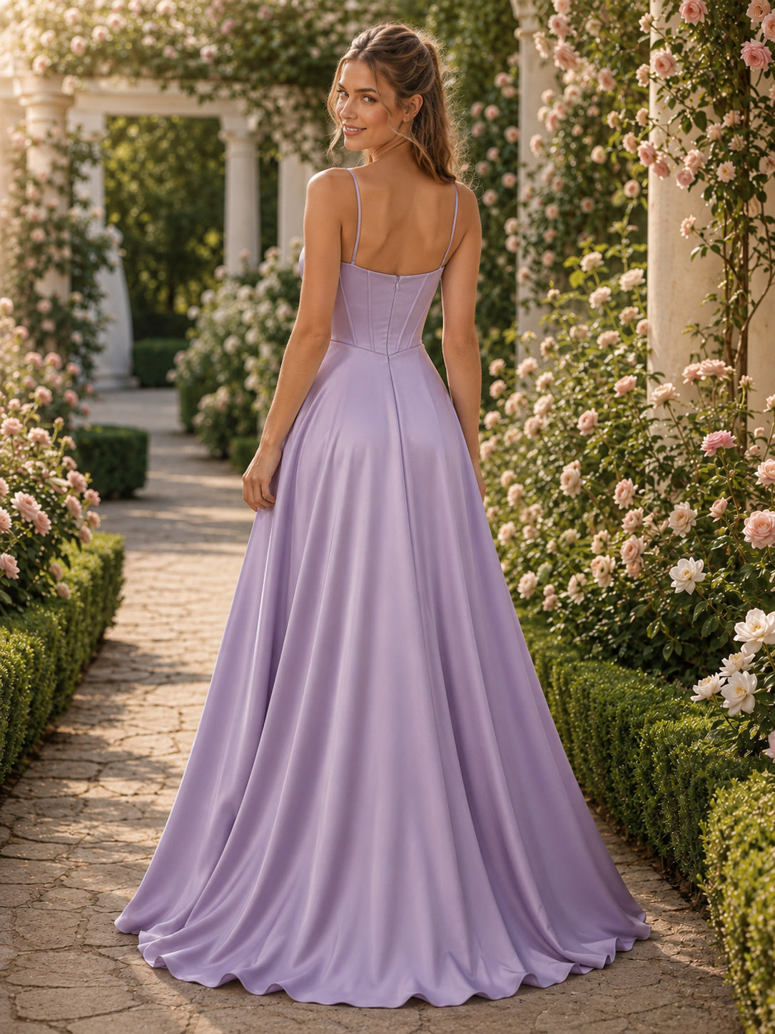 Lavender Sweetheart Spaghetti Strap Satin A-Line Slit Graduation Prom Dress back view