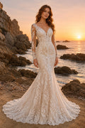 Ivory Long Sleeve Lace Mermaid Wedding Dress Chapel Train for Bridal Ceremony and Reception front view